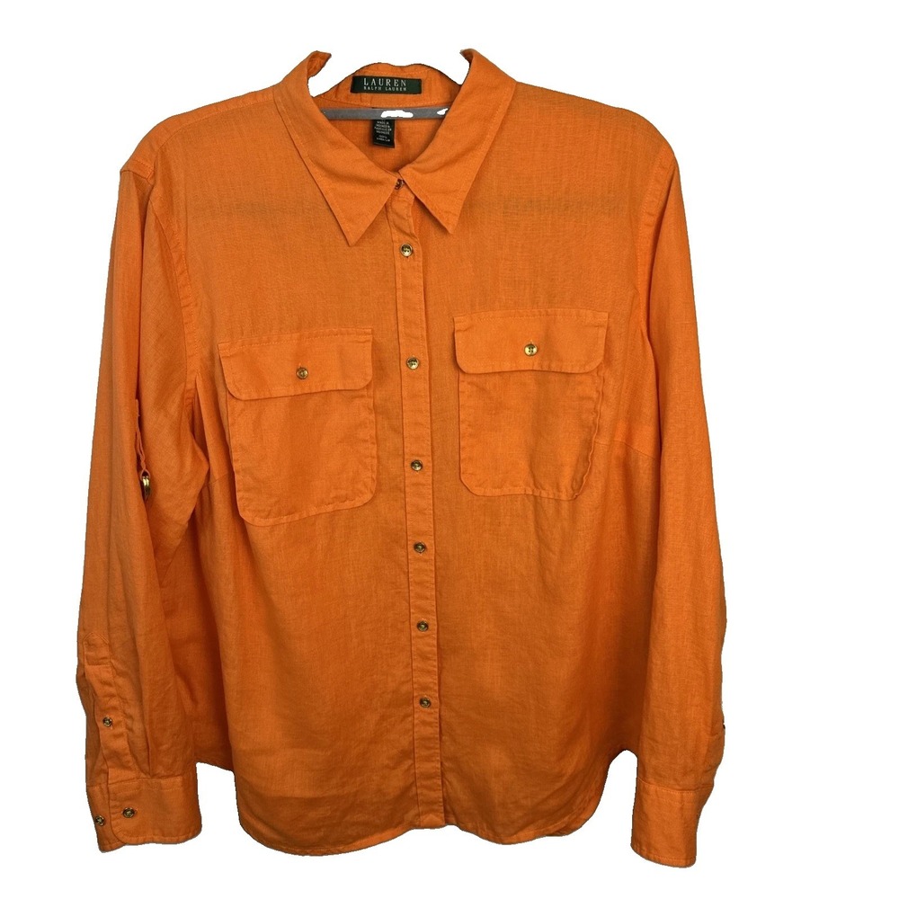 Lauren Ralph Lauren Women's 1X Orange 100% Linen Pockets Long Sleeve Shirt